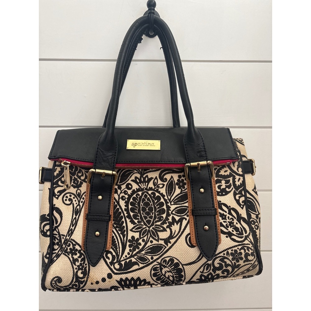 Spartina 449 Satchel Bag Black Cream Paisley Linen Leather Trim Gold Hardware